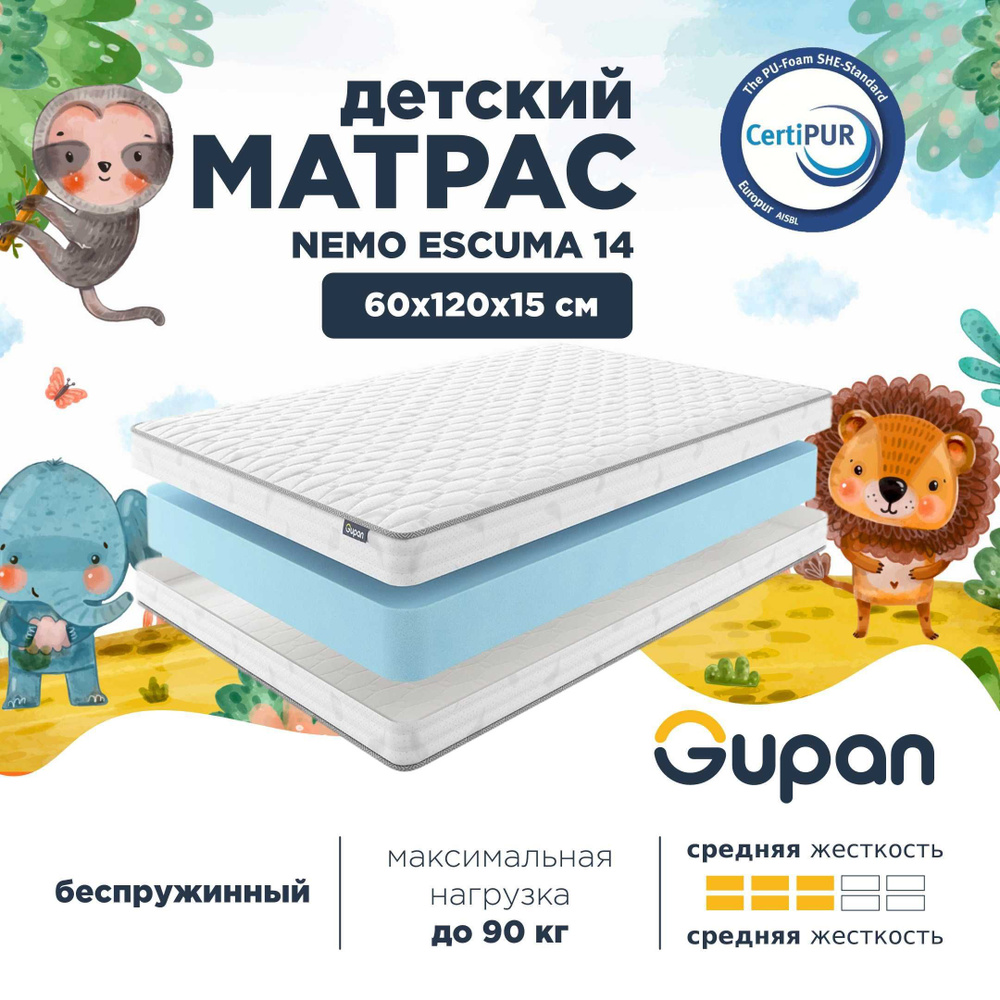 Gupan Матрас в кроватку Gupan Nemo Escuma 14, Беспружинный, 60х120 см #1