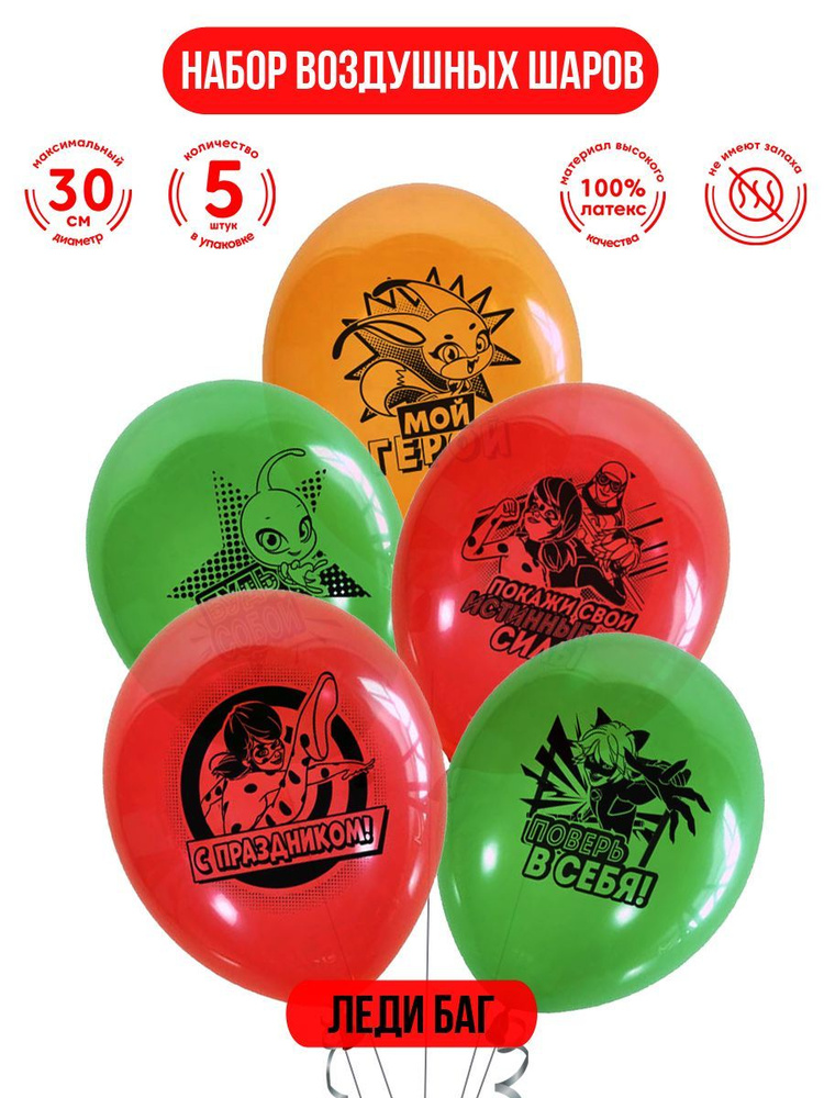 Набор воздушных шаров для праздника ND Play / Miraculous Леди Баг и Супер-кот (30 см, латекс, 5 шт.), #1