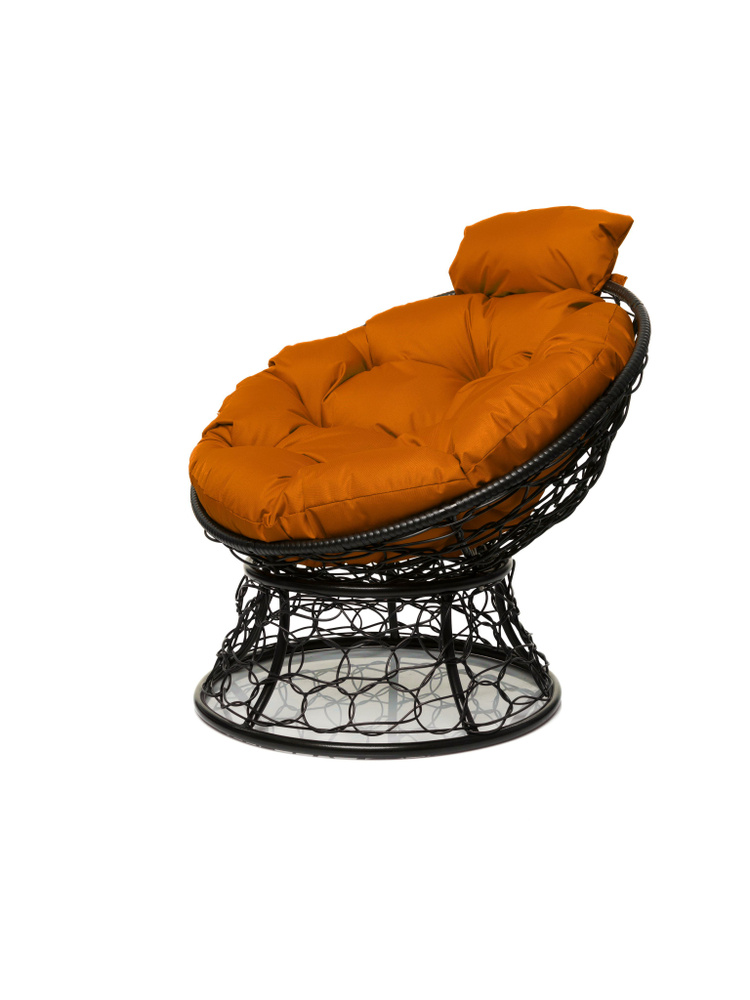 Кресло ПАПАСАН мини с ротангом чёрное, оранжевая подушка  #1