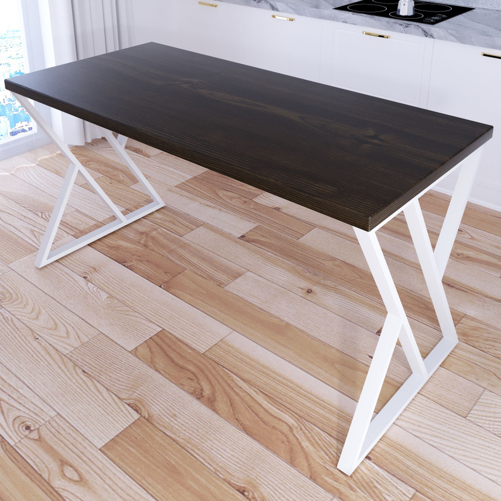 Стол кухонный Loft со столешницей цвета темного дуба из массива сосны 40 мм и белыми металлическими Z-образными #1