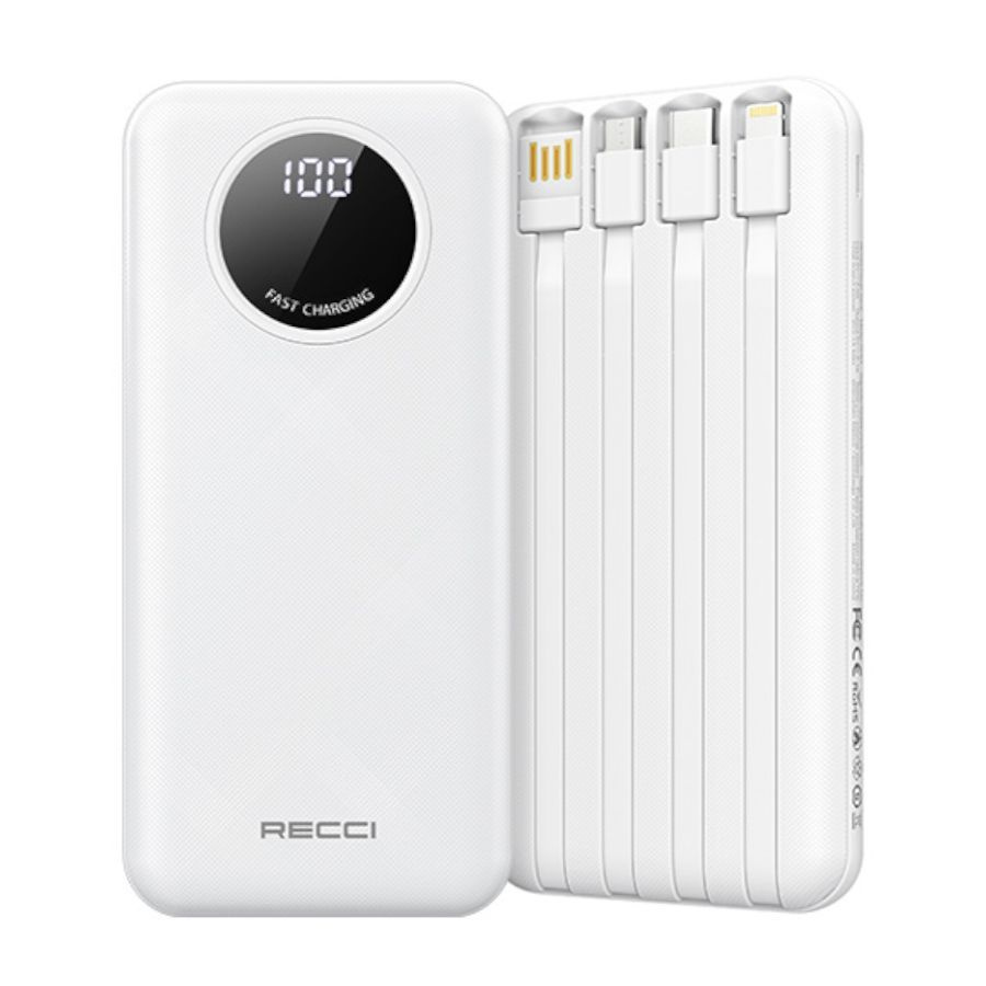 Повербанк RECCI Mobile Power 10000мАч (с кабелем 3x USB + Type-C + Lightning + Micro) - Белый  #1