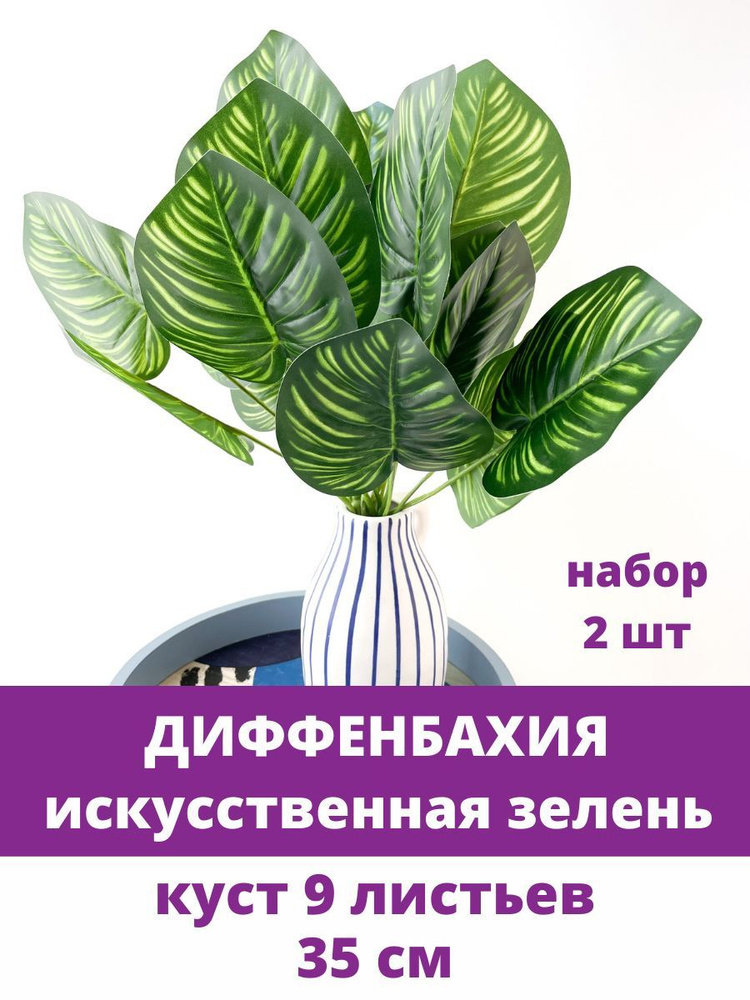 Диффенбахия, искусственная зелень, Куст 9 листьев, 35 см, 2 букета  #1