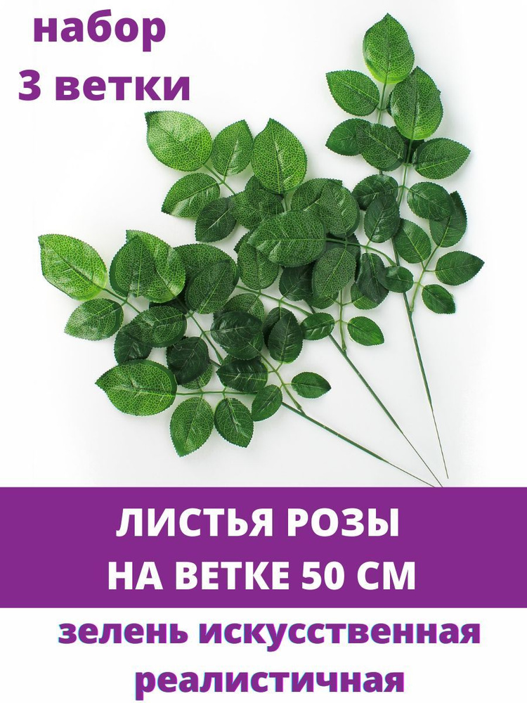 Листья розы с прожилками 20 на ветке, 50 см, набор 3 ветки #1