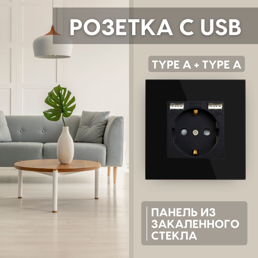 Розетка электрическая с 2 USB (Type A + Type A) с заземлением Etalis Черная Панель закаленное стекло #1