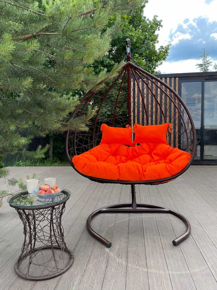 Подвесное двухместное кресло-кокон FISHT коричневый (оранжевая подушка)  #1