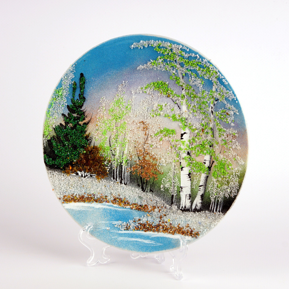 Декоративная тарелка с рисунком уральскими камнями "Весна" на подставке  #1