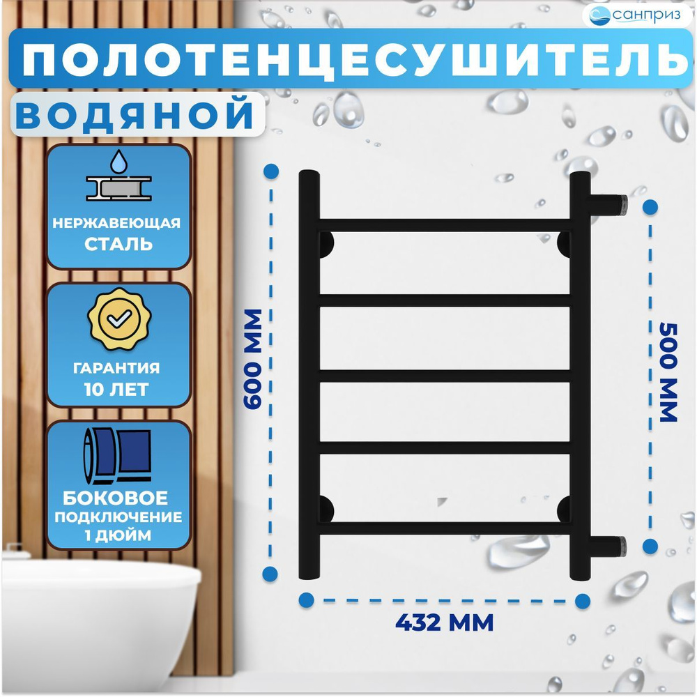 Полотенцесушитель водяной САНПРИЗ Аврора П5 400х600мм боковое подключение м/о 500 черный матовый форма #1