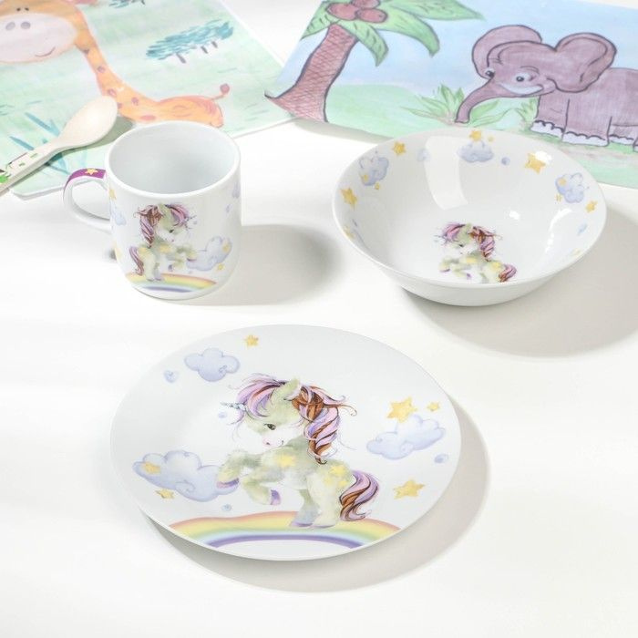 Набор детской посуды из керамики Доляна Единорог, 3 предмета: кружка 230 мл, миска 400 мл, тарелка d #1