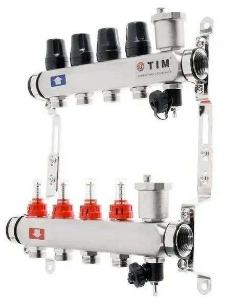 Коллекторная группа 4 контура с расходомерами 1" * 3/4" E,с дренажными кранами и воздухоотводчиками нерж. #1