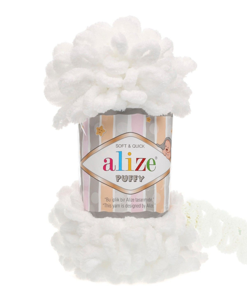 Пряжа Alize Puffy/Пуффи 100гр. 9м.(55-белый) большие петли 4см. #1