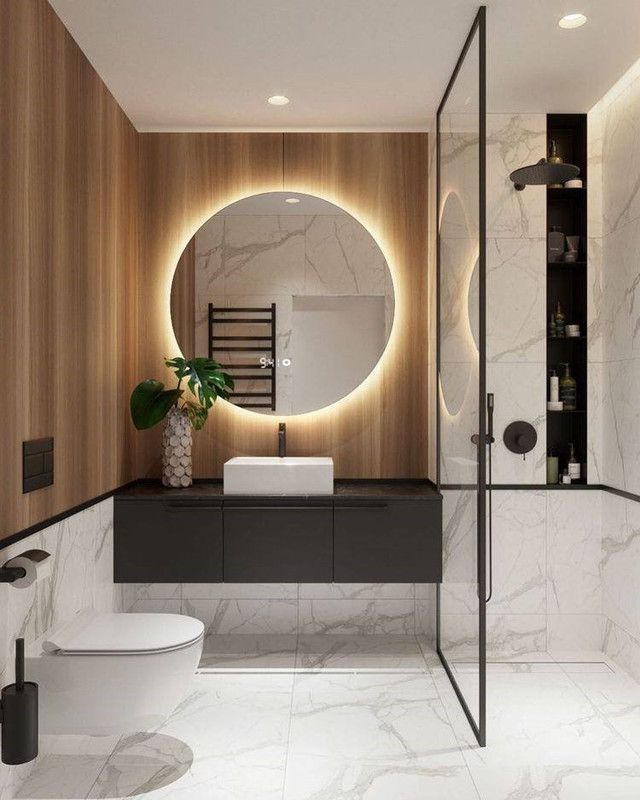 Зеркало круглое D80 для ванной с тёплой LED-подсветкой и часами  #1