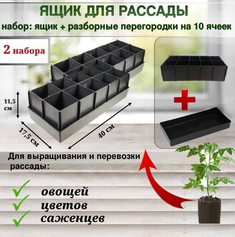 Ящик для рассады "П10" черный (набор: поддон и 10 разборных ячеек по 500 мл). 2 набора в комплекте.  #1