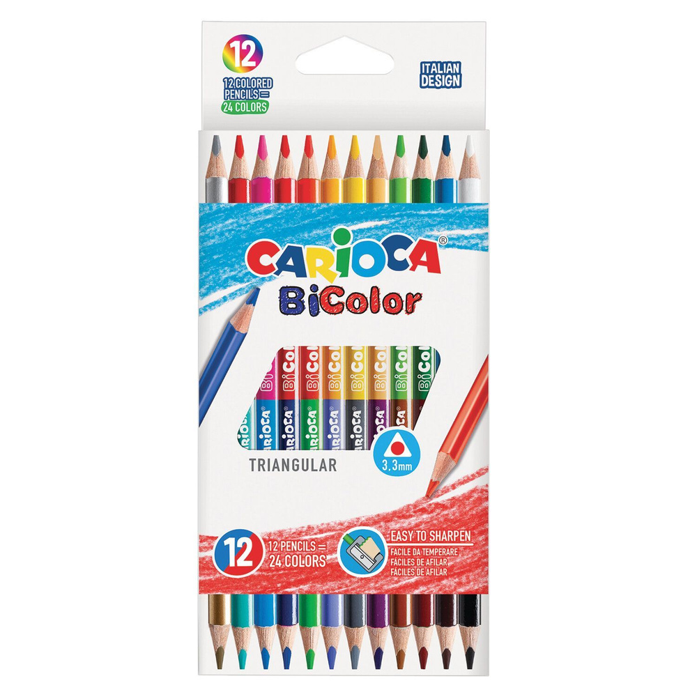 Карандаши двусторонние Carioca Bi-color, 12 штук, 24 цвета, трехгранные, заточенные  #1