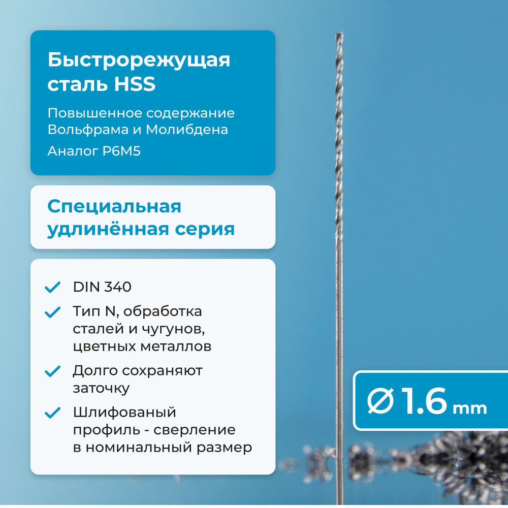 Сверло по металлу 1.6 мм NORGAU Industrial HSS удлинённое, шлифованное, с центрирующей подточкой перемычки, #1