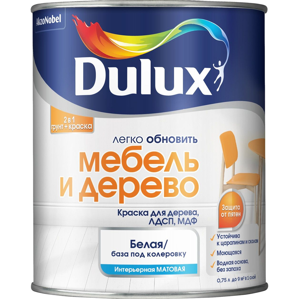 DULUX Краска Гладкая, Матовое покрытие, 0.75 л, 1.1 кг, белый #1