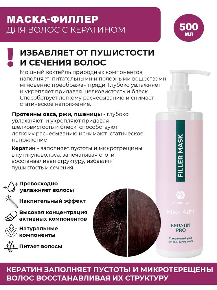 Adricoco, Miss Adri Keratin Pro - Маска - филлер для волос универсальная, с кератином, 500 мл  #1