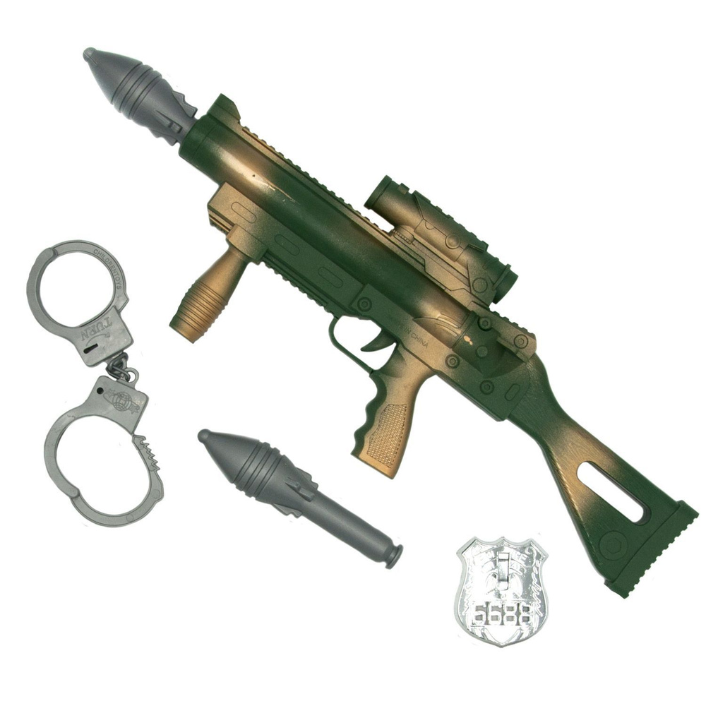 Гранатомет игрушечный с пулями - снарядами и наручниками , жетон , набор военный  #1