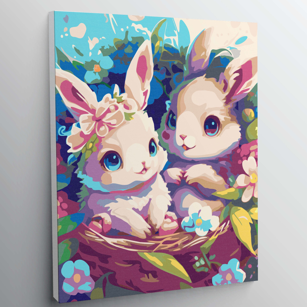 Алмазная мозаика, картина стразами без подрамника - Пасхальные кролики - Животные 40x50 см.  #1