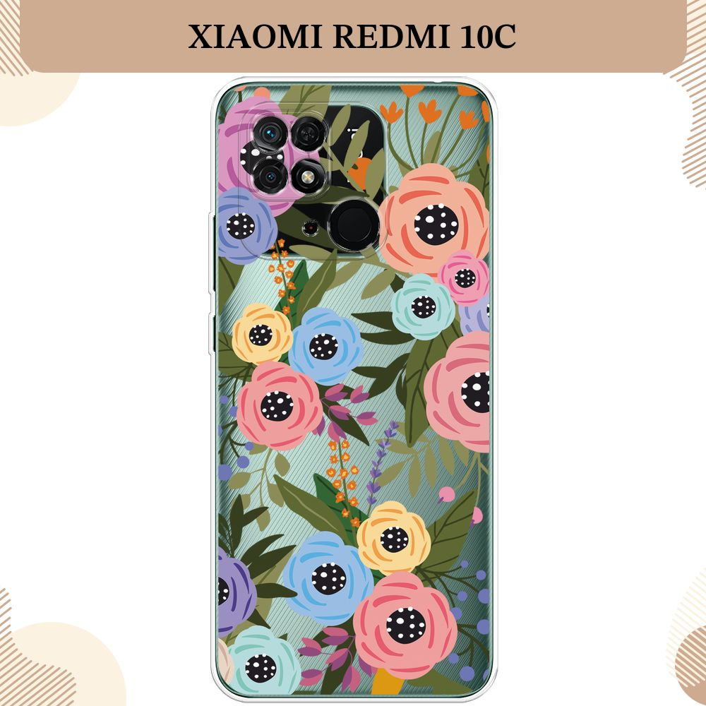 Силиконовый чехол на Xiaomi Redmi 10C / Сяоми Редми 10С Pattern of colored flowers, прозрачный  #1