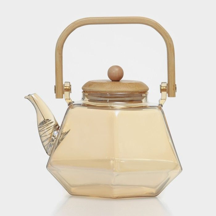 Чайник стеклянный заварочный с бамбуковой крышкой и металлическим фильтром "Октогон", 1,2 л, цвет золотой #1