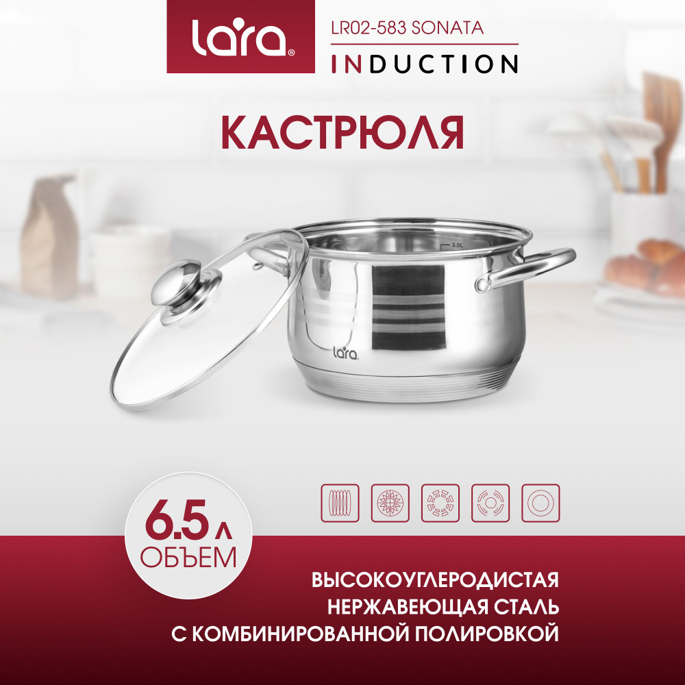 Кастрюля LARA Sonata LR02-583 из нержавеющей стали для индукционной плиты 6,5 л  #1