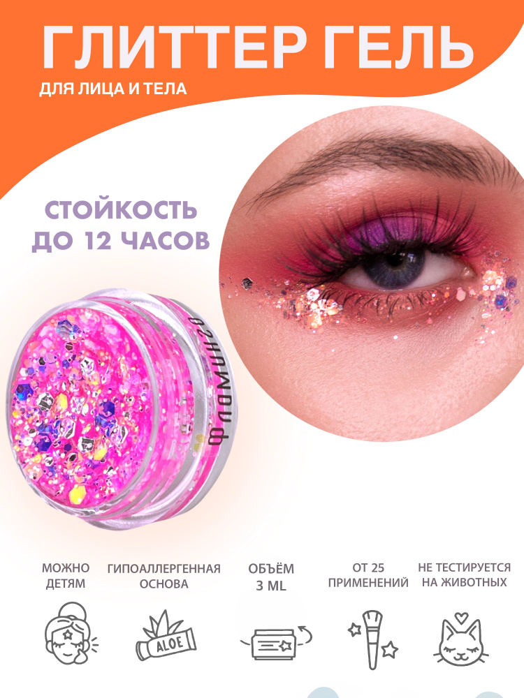 Queridos Glitters Глиттер Гель. Блёстки для лица и тела. Цвет "Фламинго" 3 мл.  #1