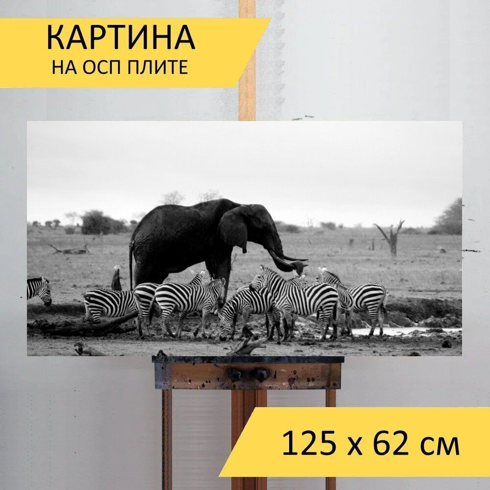LotsPrints Картина "Слон, зебры, водопой 01", 125  х 62 см #1