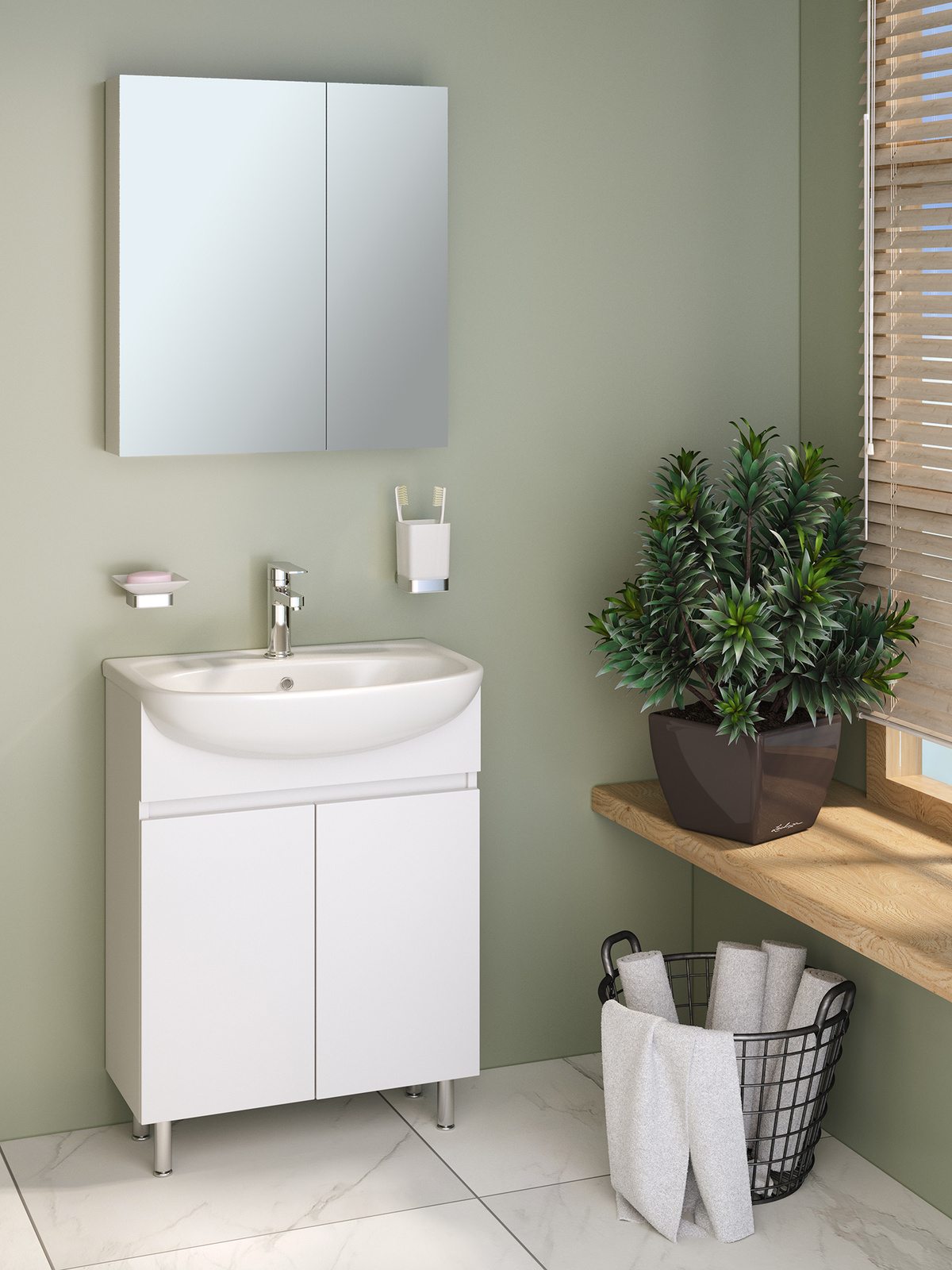 Мебель для ванной / Runo / Лада 60 / белый / тумба с раковиной Уют 60 / шкаф для ванной / зеркало для