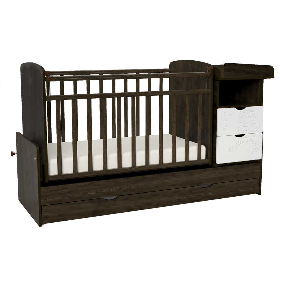 Кроватка трансформер детская Indigo Соната для новорожденных с маятником, комодом и ящиком, венге, белый #1