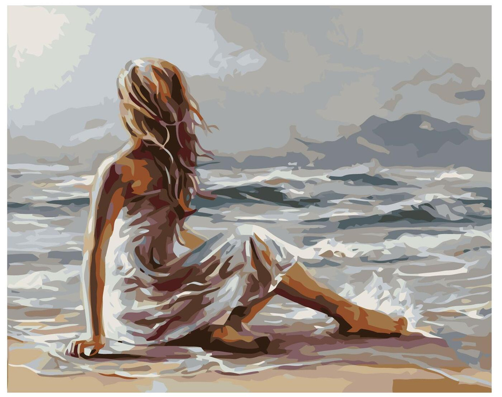 Картина по номерам, 40 x 50, KTMK-03135, берег, море, девушка, пейзаж, прибой, "Живопись по номерам", #1