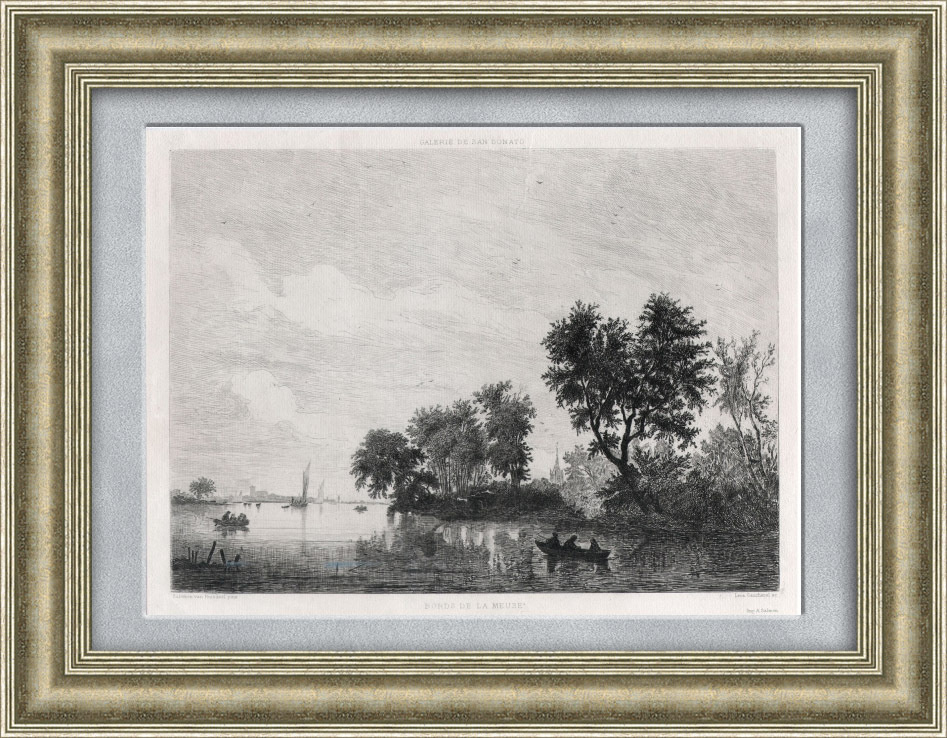Антикварный офорт Вид реки Маас в Голландии по картине из собрания виллы Демидовых Сан-Донато  #1