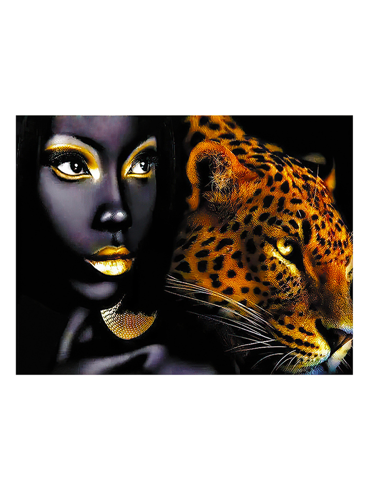 Алмазная мозаика PaintFactory "Девушка и леопард" 40х50, на подрамнике.  #1