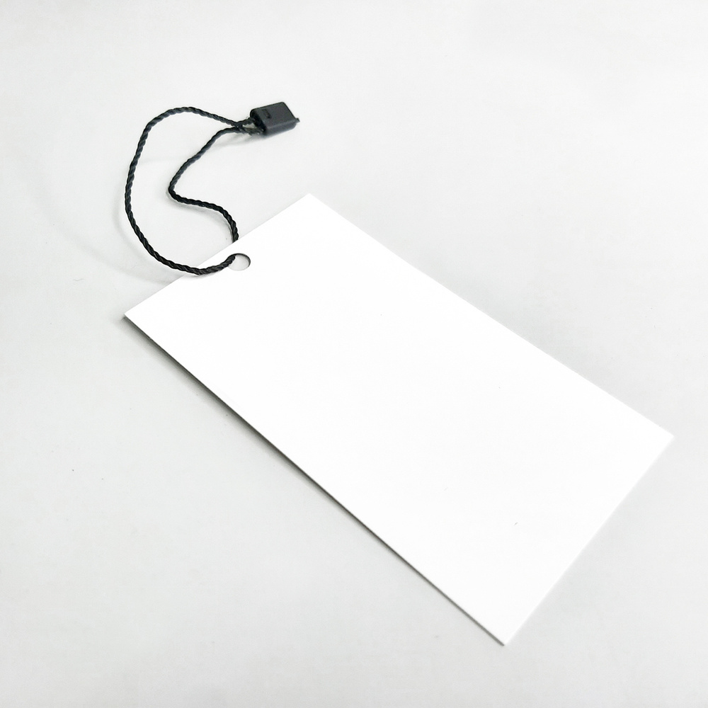 Бирки белые, картон 5х9 см с черной тесьмой - 100 шт. (этикетка для одежды, для подарков, бирка для ключей) #1
