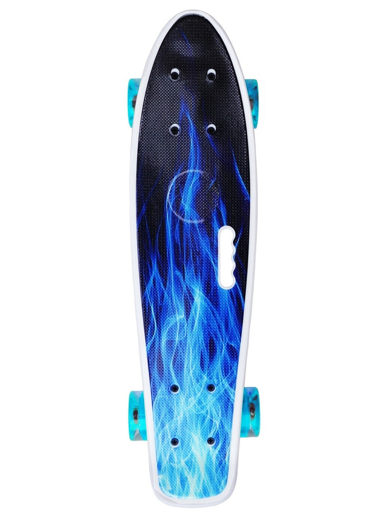 Скейтборд пенниборд Синее Пламя с ручкой, длина деки 55 см, светящиеся колеса  #1
