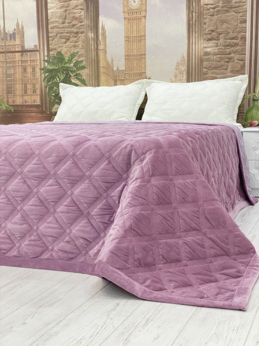 Велюровое стеганое покрывало на кровать 220х240 Square GF CALLI (Сиренево-Розовый)  #1