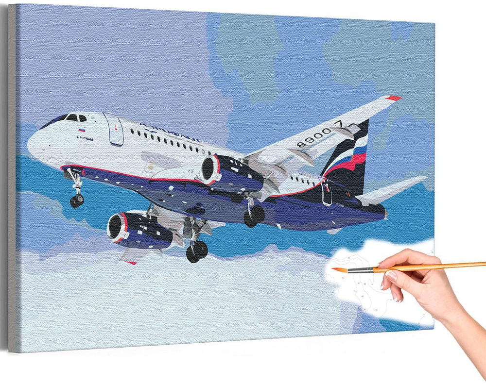 Самолет / Полет в небе Раскраска картина по номерам на холсте с неоновой краской 40х60  #1