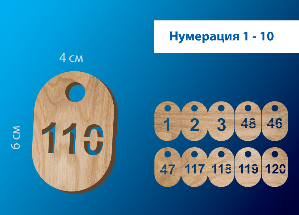 Номерки гардеробные от 1 до 10 / Форма "овал" ушко 10 мм /фанера 3 мм  #1