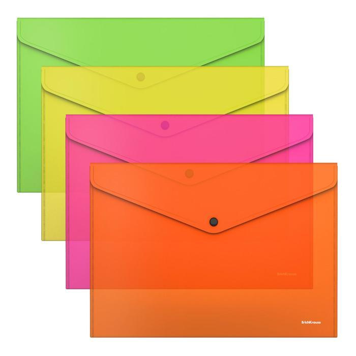 "Erich Krause". Папка-конверт "Glossy Neon" на кнопке А4,глянцевая, пластиковая, полупрозрачная. Микс. #1
