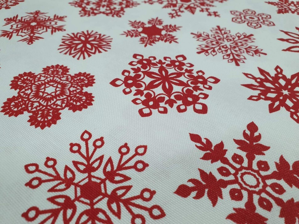 Ткань DUCK с водоотталкивающей пропиткой, принт Снежинка красная, цвет белый  #1