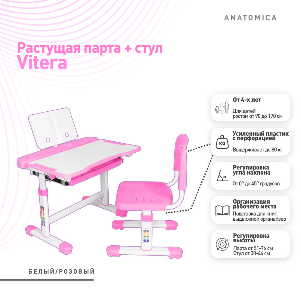 Комплект парта + стул + подставка для книг + органайзер Anatomica Vitera белый/розовый  #1