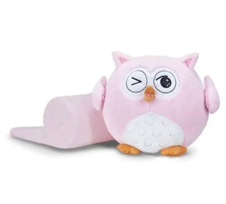 Набор флисовый "Совушки" 3 в 1 , подушка- игрушка с пледом внутри, плед120х90см (розовый)  #1
