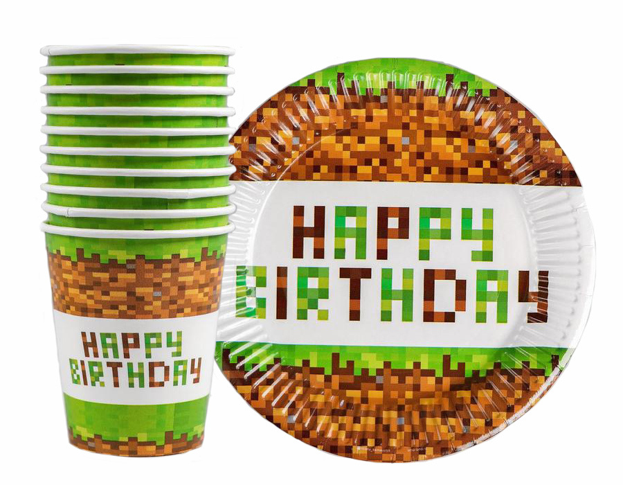 Одноразовая посуда для праздника на 10 персон "Пиксели Happy birthday!", 20 предметов (10 тарелок 18 #1