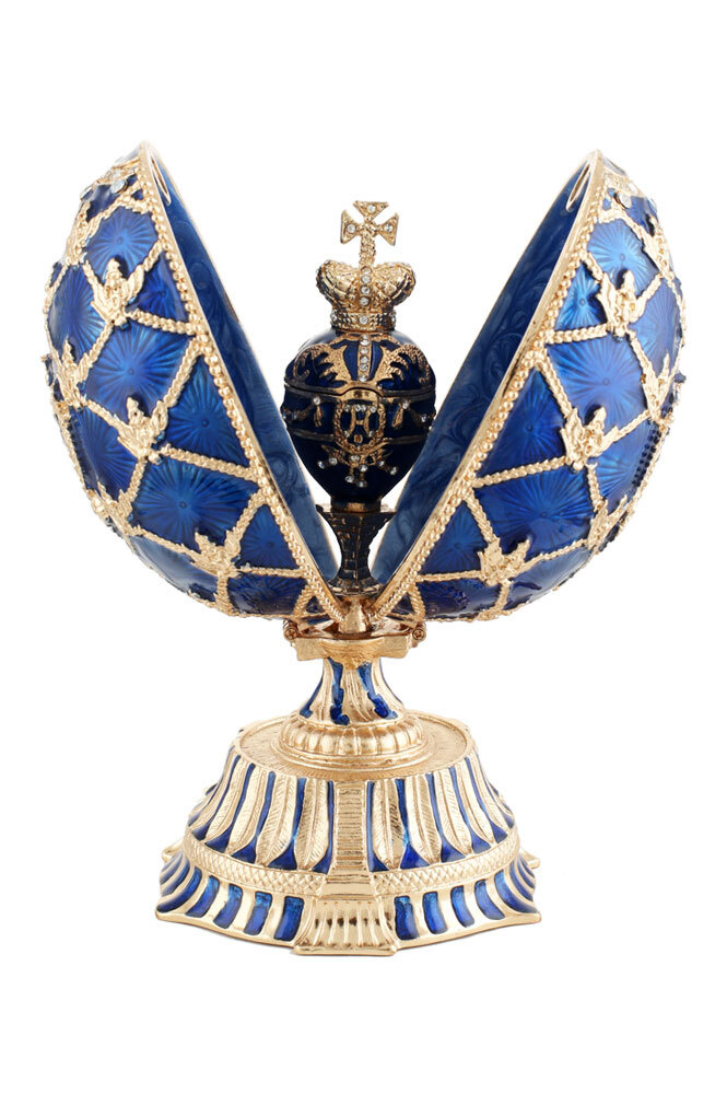 Яйцо-шкатулка в стиле Фаберже С короной и часами, синее, 15см  #1