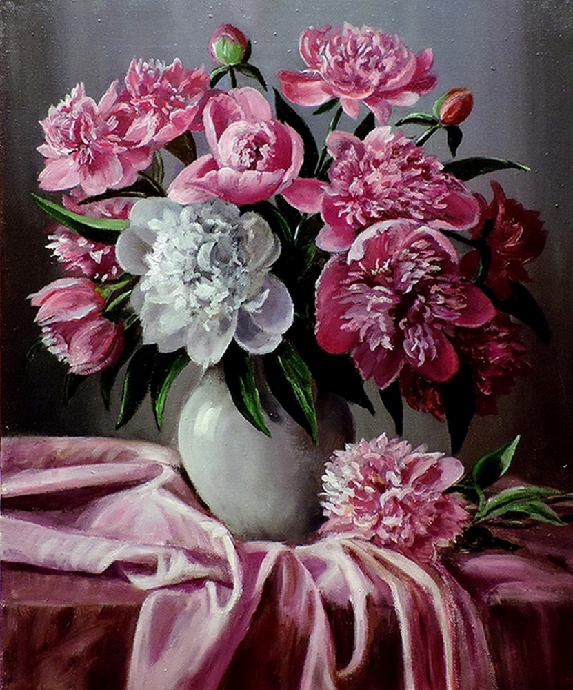 Картина по номерам на холсте 40х50 40 x 50 на подрамнике "Нежнобелая ваза с букетом пионов" DVEKARTINKI #1