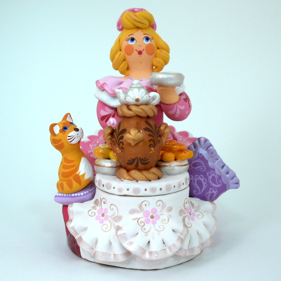 Шкатулка - Купчиха с самоваром, Ковровская глиняная игрушка, ручная авторская работа  #1