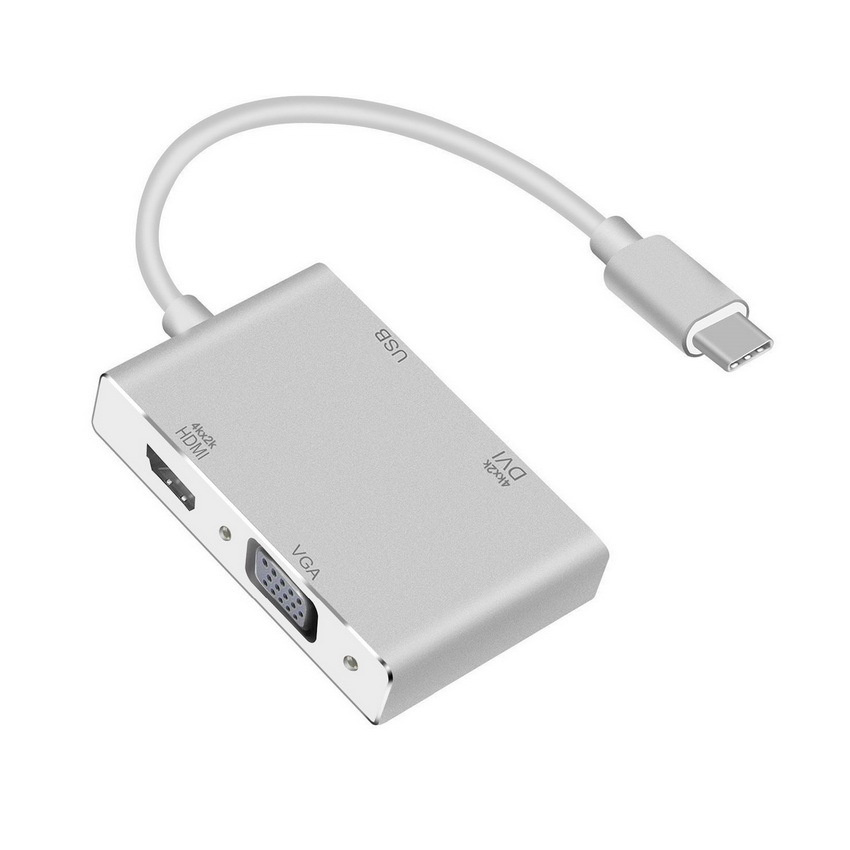 Адаптер переходник хаб 4in1 USB3.1 Type-C на HDMI - VGA - DVI - USB3.0, серебро  #1