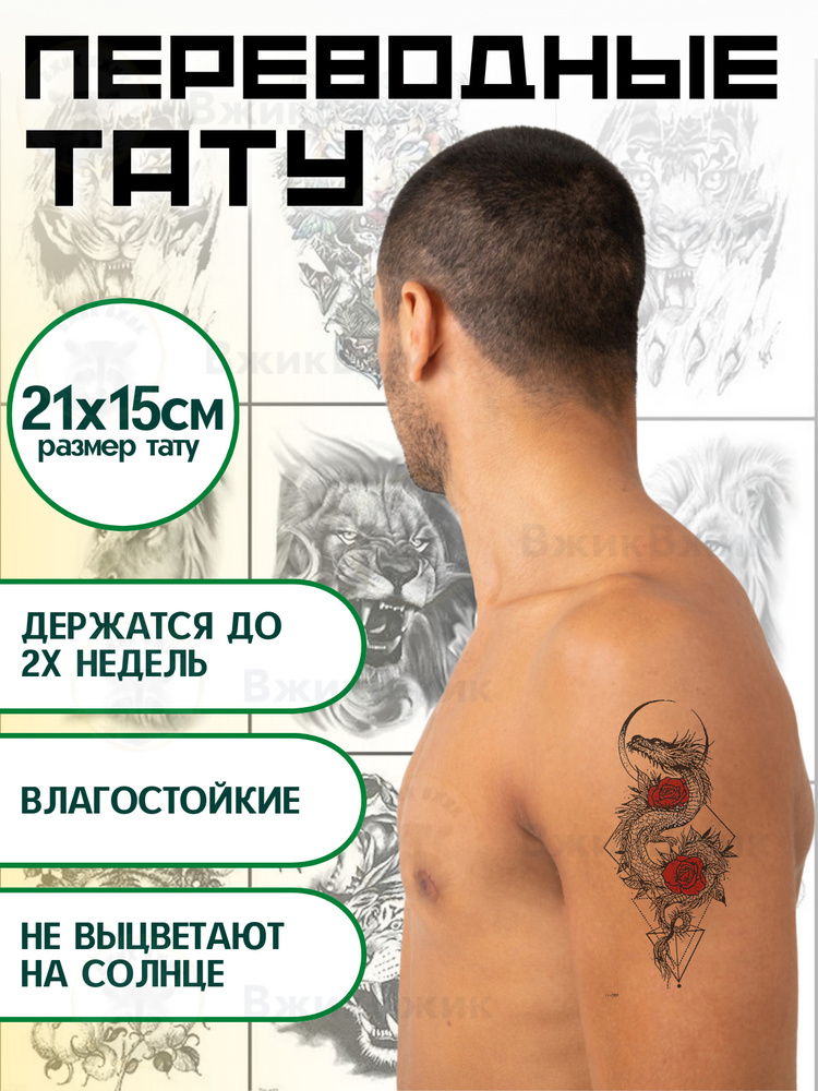 Переводные татуировки временные "Дракон - 113" 21х12 см. #1