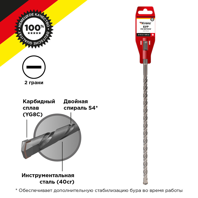 Бур по бетону KRANZ износостойкий 10х600 мм, хвостовик SDS PLUS #1