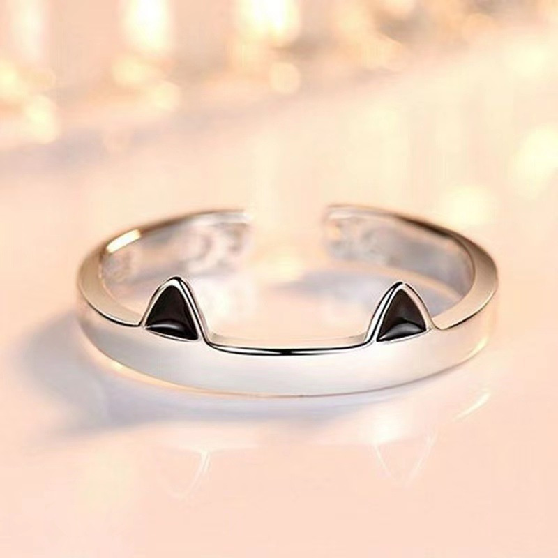 Кольцо черные ушки, колечко женское бижутерия, кольцо кошка серебро  #1