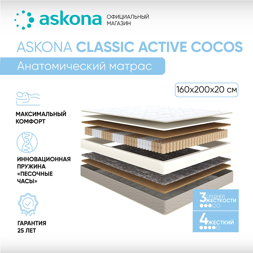 ASKONA Матрас (АСКОНА) Classic Active Cocos, Независимые пружины, 160х200 см  #1